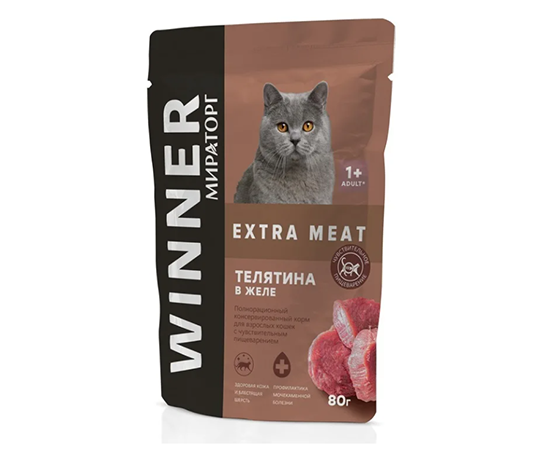 Miratorg winner dlya vzrosly`kh kosheg c chuvstvitel`ny`m pishhevareniem telyatina v zhele 80gr