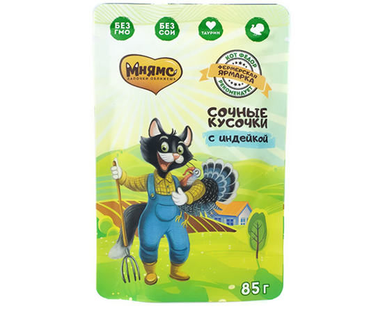 Pauch Mnyams dlya koshek Fermerskaya yarmarka liniya Kot Fedor (s indejkoj) 85g
