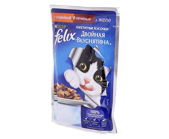 Purina felix appetitny`e kusochki dvojnaya vkusnyatina s indejkoj i pechen`yu v zhele