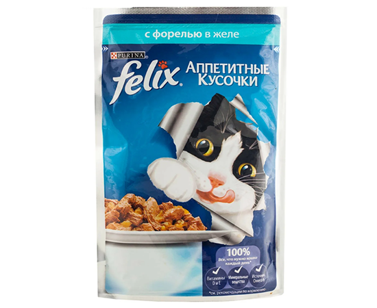 Purina felix appetitny`e kusochki s forel`yu v zhele